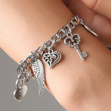 Vintage Silver Color Elephant Heart Lock Key Bangle Flower Star Wings - Fashion Pendant Charm Bracelet 