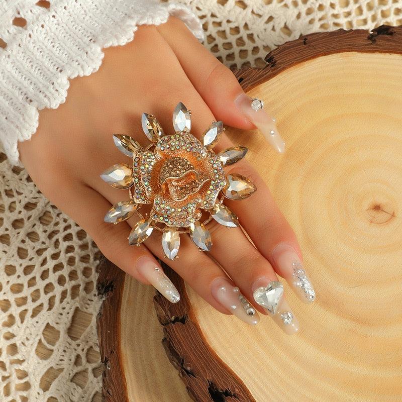 NEW VINTAGE RINGS Luxury Big Sunflower Boho Red Blue Champagne Color Zircon Crystal Unusual Ring - The Jewellery Supermarket