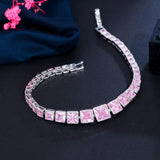 APPEALING AAA+ Zircon Diamonds Classic Tennis Bracelet - Silver Plated Elegant Square Pink Bracelets for Women - The Jewellery Supermarket