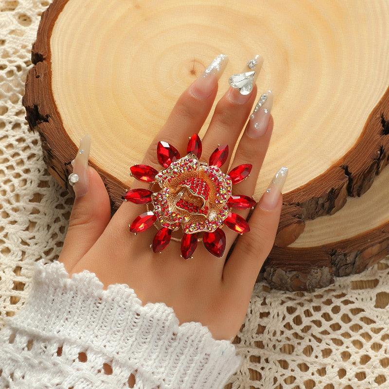 NEW VINTAGE RINGS Luxury Big Sunflower Boho Red Blue Champagne Color Zircon Crystal Unusual Ring - The Jewellery Supermarket