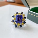 Graceful Luxury Silver Color Popular Retro Square Lab Sapphire Ring