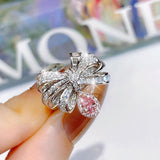 VINTAGE FASHION RING Bow Knot Pink Water Drop Pendant AAA+ Zircon Jewelry Ring