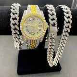 Full Iced Out Cuban Link Chain Bracelet Necklace Bling Jewellery for Men - Big Gold Colur Chains Hip Hop Watch Set - The Jewellery Supermarket