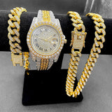 Full Iced Out Cuban Link Chain Bracelet Necklace Bling Jewellery for Men - Big Gold Colur Chains Hip Hop Watch Set