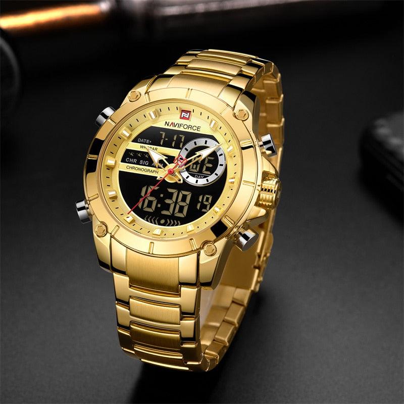 NEW ARRIVAL - Luxury Brand Big Dial Gold Mens Stainless Steel Waterproof Sport Watches for Men - The Jewellery Supermarket