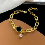 Stainless Steel New Fashion Upscale Black Shell Round Roman Numerals Zircon Charm Thick Chain Bracelets