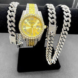 Full Iced Out Cuban Link Chain Bracelet Necklace Bling Jewellery for Men - Big Gold Colur Chains Hip Hop Watch Set - The Jewellery Supermarket