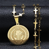 Saint Benedict Medal Stainless Steel Christian Necklace - Gold Colour Jesus Cross Chain Necklace Jewellery