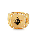 Vintage Shiny Gold Colour CZ Crystal Freemason Masonic Signet Rings - The Jewellery Supermarket