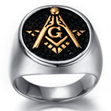Men's Black Gold Embossed Stamped Freemason Stainless Steel Masonic Ring