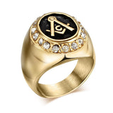 Stainless Steel 316L Vintage Gold Color Crystal Men's Masonic Ring