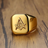 High Polished Stainless Steel Gold Tone Men's Masonic Compass Square Big Ring - The Jewellery Supermarket