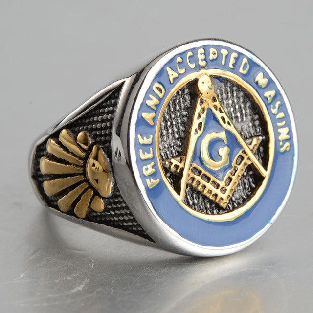 New 3 Colour Silver Blue Masonic Stainless Steel Signet Rings - The Jewellery Supermarket