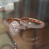 Water Drop 2PC Ring With Micro Paved AAA+ CZ Diamonds Elegant Bridal Classic Solitaire Ring - The Jewellery Supermarket