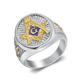 Blue Enamel Gold Tone Stainless Steel Freemason Signet Rings - The Jewellery Supermarket
