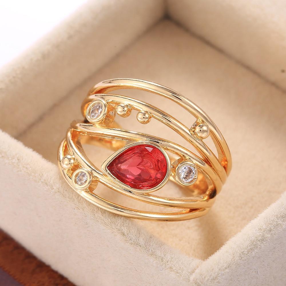 Elegant Red Pear Shape AAA Zircon Crystals Luxury Gold Color Hollow-out Ring - The Jewellery Supermarket