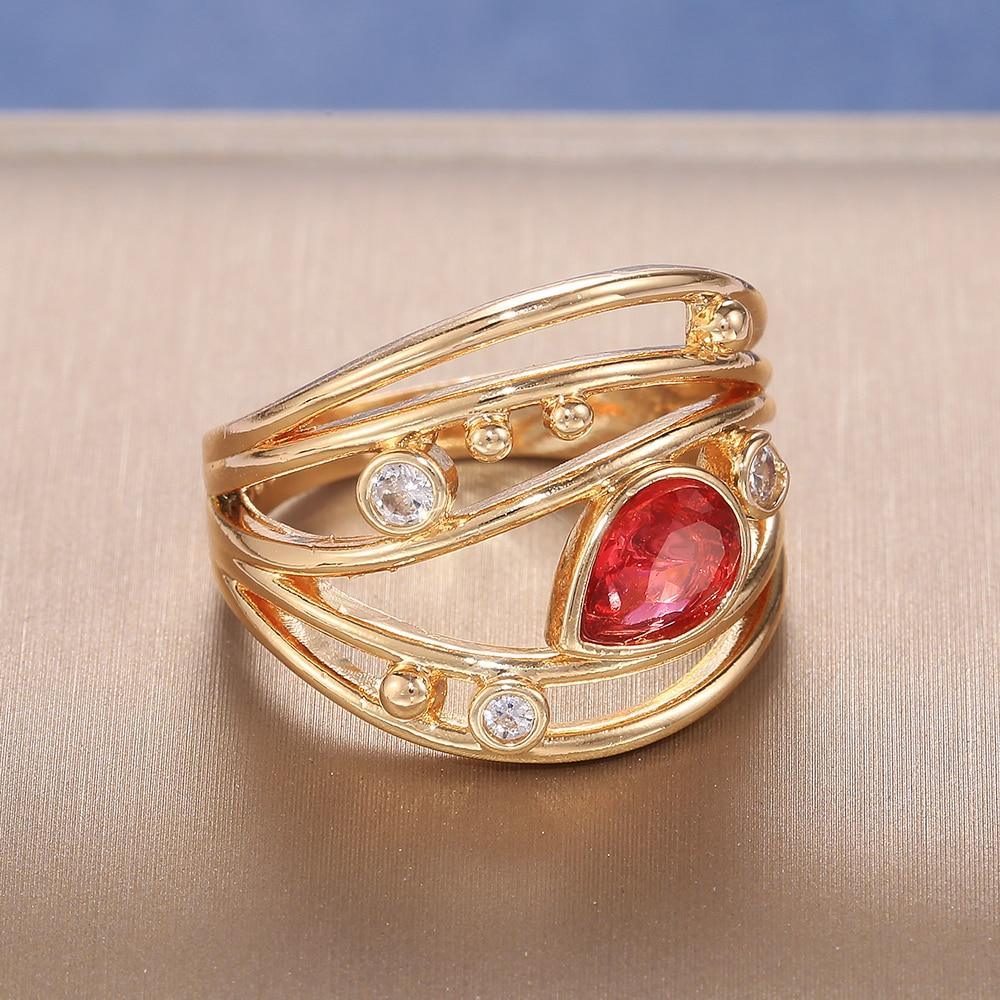 Elegant Red Pear Shape AAA Zircon Crystals Luxury Gold Color Hollow-out Ring - The Jewellery Supermarket