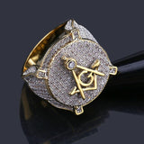 Gold Color Plated Brass Iced Out Micro Pave Cubic Zircon Masonic Ring - The Jewellery Supermarket