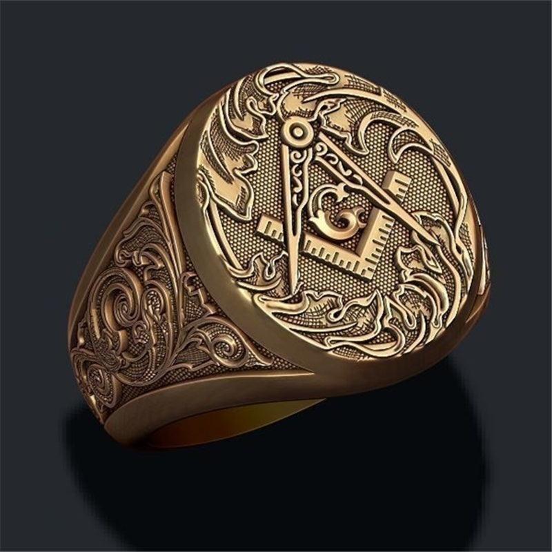New Retro Fashion Metal Golden Freemason Pattern Ring - The Jewellery Supermarket