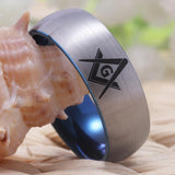 Masonic Tungsten Ring Silver With Blue Tungsten Wedding Ring - The Jewellery Supermarket