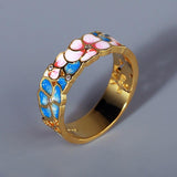 New 2022 - Handmade Exquisite Pink Blue Elegant Flower Enamel Drop Ring - The Jewellery Supermarket
