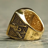 Vintage Heavy Stainless Steel All Seeing Eye Crystal Gold Masonic Ring - The Jewellery Supermarket
