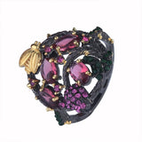 Vintage Gothic style Exquisite Bee Oval Rose Red AAA+ CZ Crystal Black Gold Ring