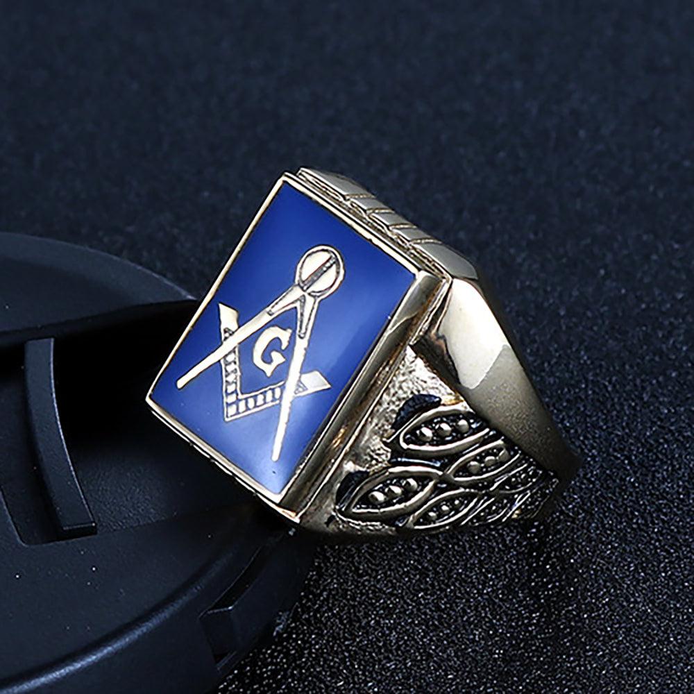 Stainless Steel Blue Enamel Gold Freemasonry Masonic Men Rings - The Jewellery Supermarket