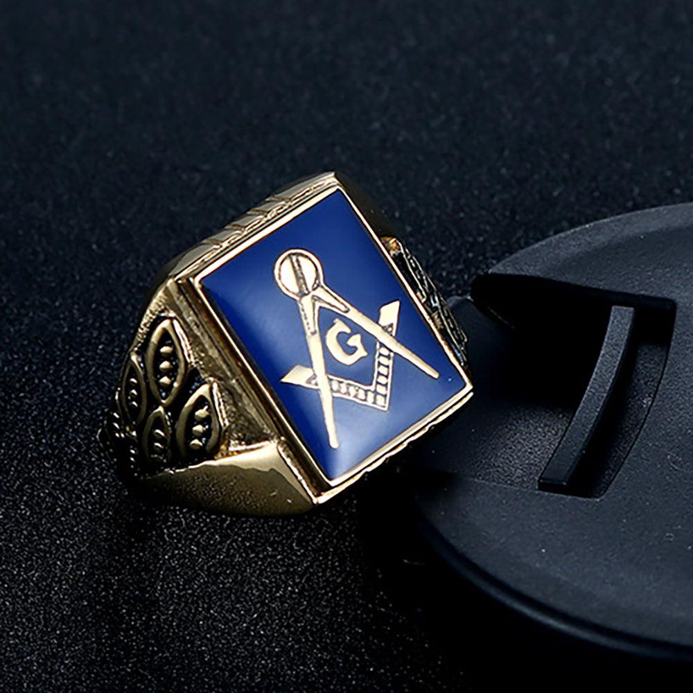 Stainless Steel Blue Enamel Gold Freemasonry Masonic Men Rings - The Jewellery Supermarket
