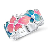 New -  Handmade Pink Blue Enamel Butterfly Vintage 925 Silver Ring
