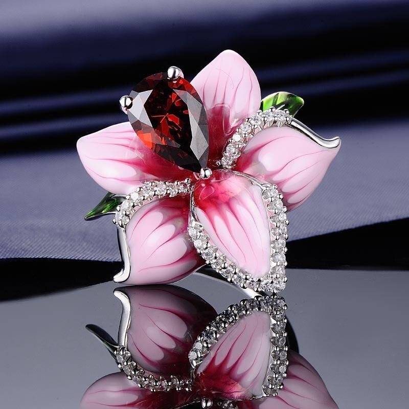 New 2022 - Handmade Enamel Vintage Style Cute Pink Flower Red Stone Ring - The Jewellery Supermarket