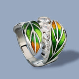Fine Jewelry New and Unique Green Leaf Exquisite Handmade Enamel AAA+ Zircon Ring