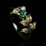 New Classic Golden Leaf Green Diopside Pearl Jewelry Ring - The Jewellery Supermarket