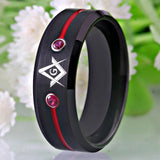 Black Men's Tungsten Carbide Ring With White/Blue/Red Stone Masonic Compass Square