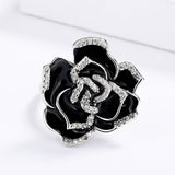 New 2023 - Handmade Elegant 925 Silver Unique Black Flower Enamel Ring - The Jewellery Supermarket