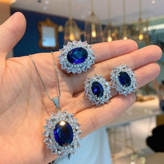 NEW Trend Lab Created Sapphire Gemstone Pendant Necklace Earrings Jewelry Set - The Jewellery Supermarket