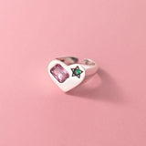 Great Gift Ideas - Trendy Elegant Simple Sparkling Pink Zircon Green Star LOVE Heart Ring - The Jewellery Supermarket