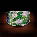 New - Handmade Enamel 925 Silver Elegant Bohemian AAA+ Zircon Inlaid Green Leaf Ring - The Jewellery Supermarket