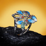 New 2022 - Handmade Enamel AAA+ Zircon Blue Elegant Flower Ring - The Jewellery Supermarket