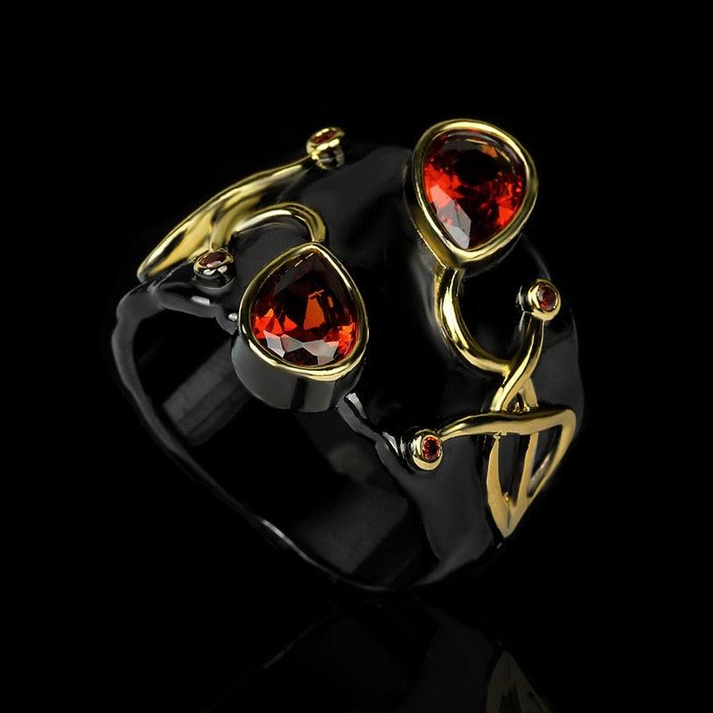 Black Gold Flower Inlaid Colorful Red Purple AAA+ Zircon Fashion Flower Cherry Blossom Ring - The Jewellery Supermarket