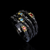 Exaggerated Inlaid with Colorful AAA+ Zircon Multi-layer Irregular Black Gold Ring