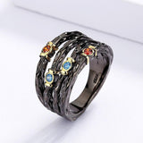Exaggerated Inlaid with Colorful AAA+ Zircon Multi-layer Irregular Black Gold Ring - The Jewellery Supermarket
