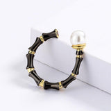 Creative Black Gold Geometric Line Simulated Pearl Irregular Opening Adjustable Ring - The Jewellery Supermarket