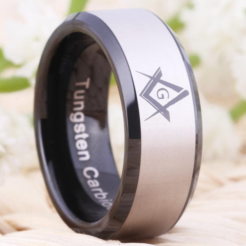 Black Bevelled Master Freemason Men's Tungsten Wedding Ring - The Jewellery Supermarket