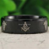 Black Bevelled Masonic Freemason Men's Comfort Fit Tungsten Wedding Ring - The Jewellery Supermarket