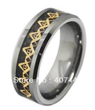 New Golden Masonic Foil & Black Fiber Inlay Men's Tungsten Carbide Wedding Ring - The Jewellery Supermarket