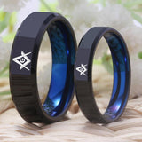 Black With Blue Engraved Tungsten Masonic Ring Band - The Jewellery Supermarket