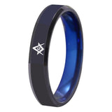 Black With Blue Engraved Tungsten Masonic Ring Band