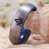 Masonic Tungsten Ring Silver With Blue Tungsten Wedding Ring - The Jewellery Supermarket