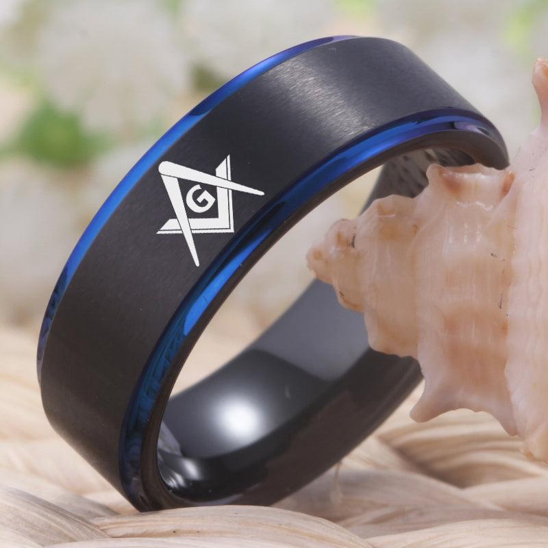 Great Gifts - Masonic Design Black Blue Tungsten Wedding Ring - The Jewellery Supermarket